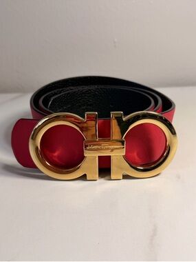 Salvatore Ferragamo Red Belt with Large Gold Gancini Buckle Size 100cm